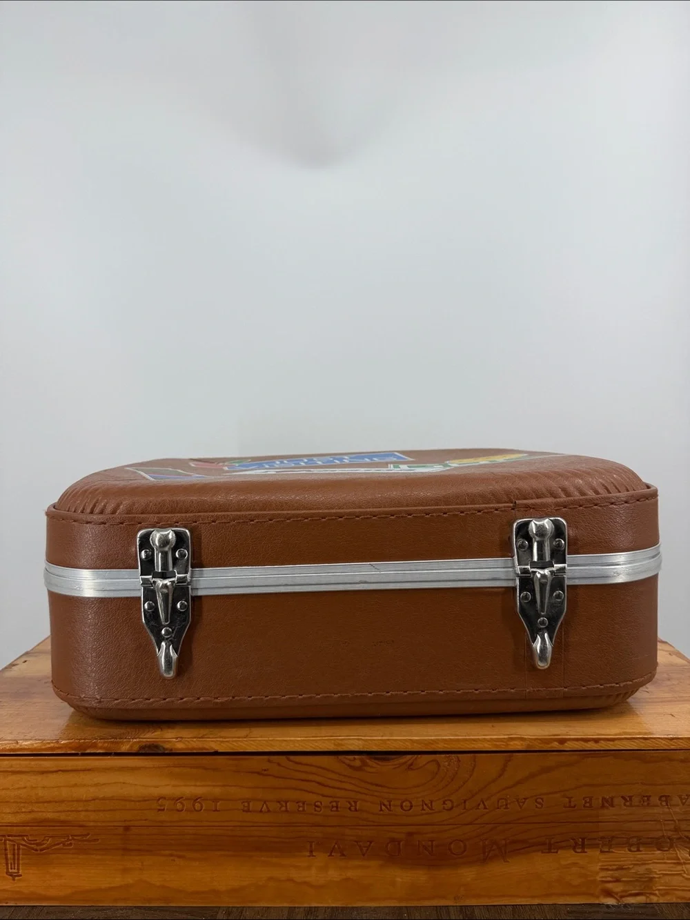 Vintage 70s child’s brown Grandma overnight suitcase travel luggage case MCM